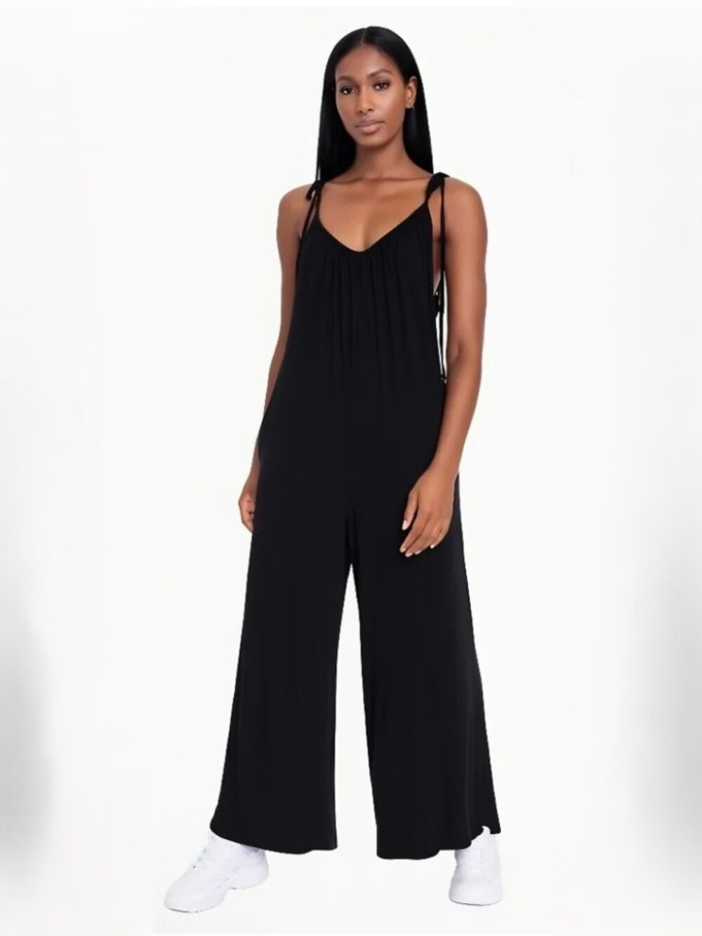 Mono B Tie Shoulder Wide Leg Jumpsuit w/Pockets SM Black